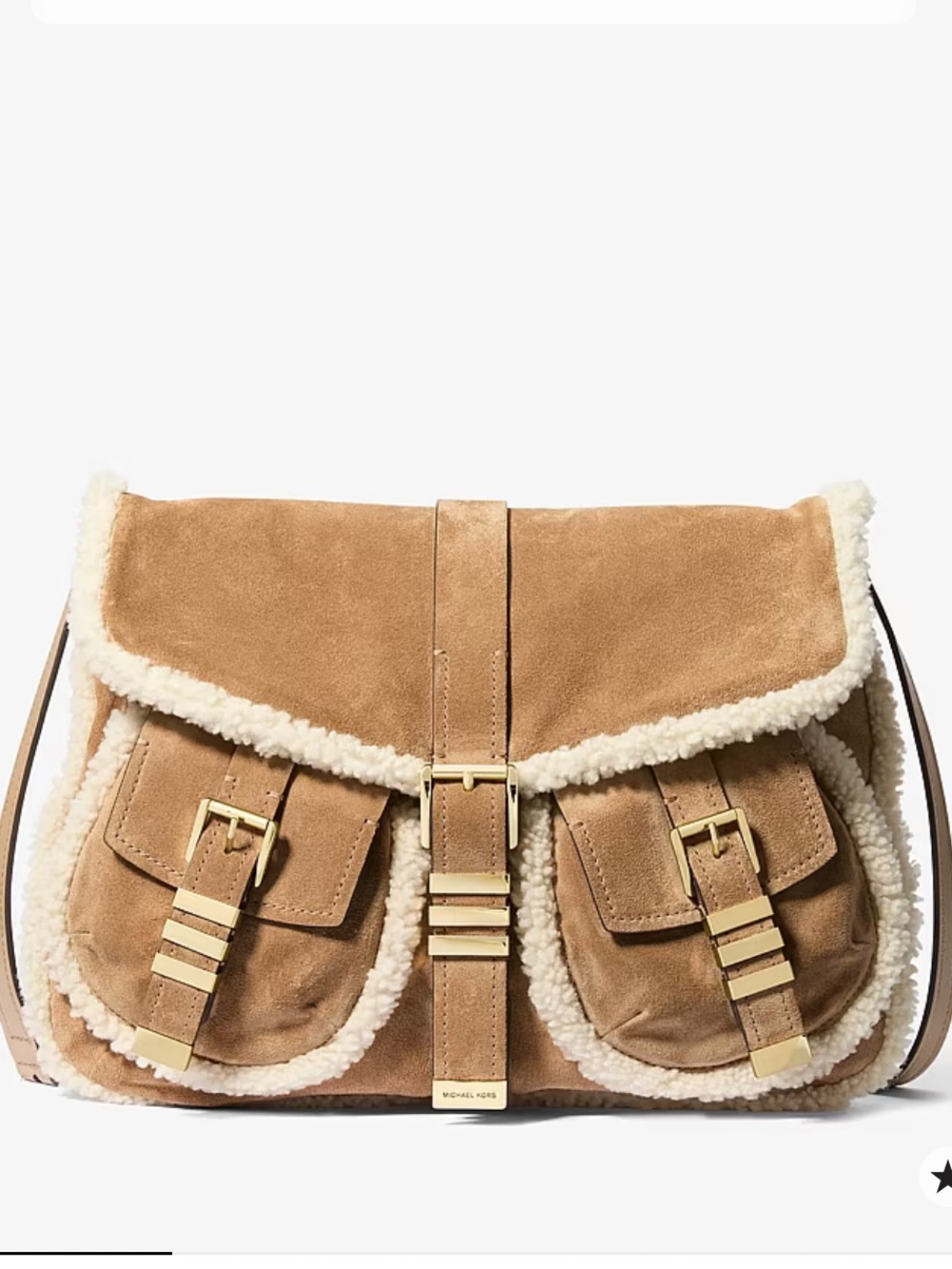 Michael Kors Darrington Large Suede Shearling Trim Messenger Shoulder Bag - Tan